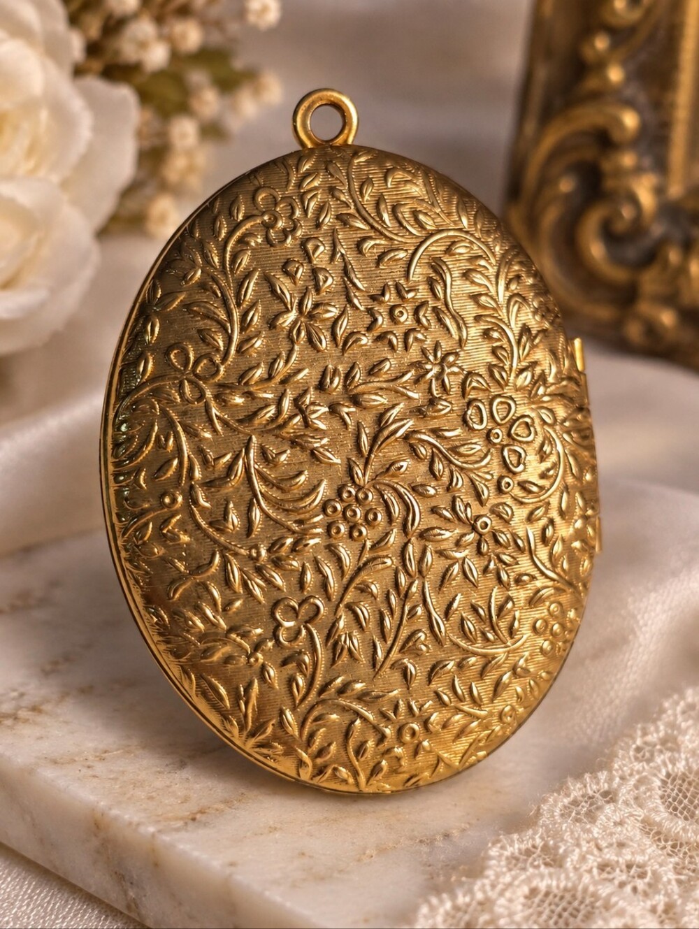 Vintage Gold Tone Photo Locket Pendant Floral Engraved Monogram LF Romantic